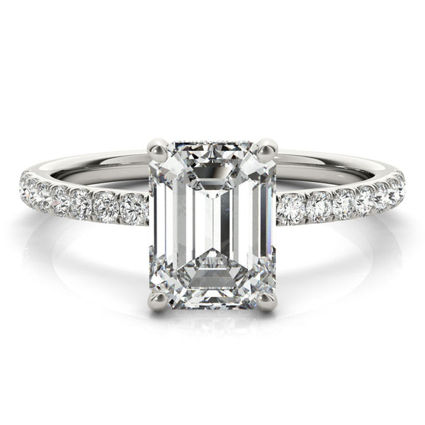 18K White Gold 2.09 Carat F VS1 Radiant Cut Diamond Pave Band Solitaire Ring with Four-Prong Setting