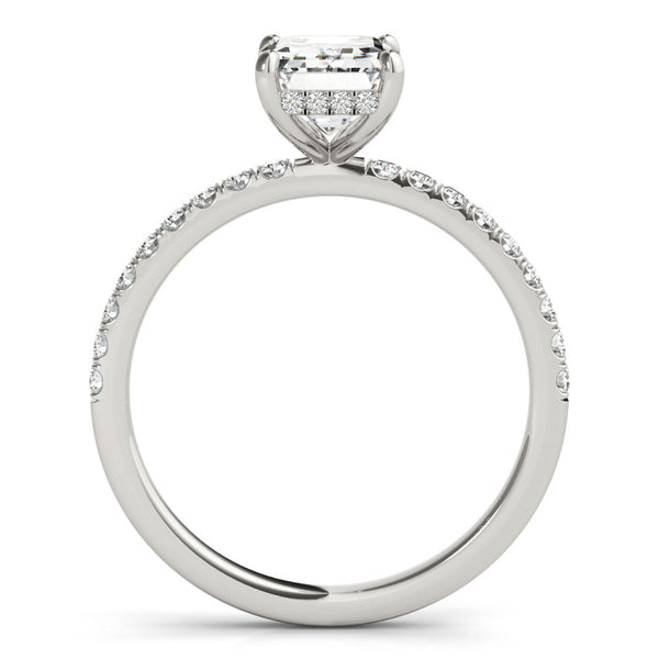 18K White Gold 2.09 Carat F VS1 Radiant Cut Diamond Pave Band Solitaire Ring with Four-Prong Setting
