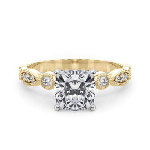Yellow gold Cushion Milgrain Bezel Diamond Engagement Ring with Solitaire Prong Setting