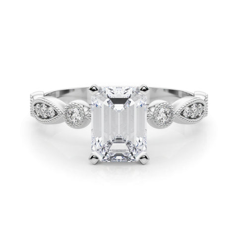 White gold Emerald Milgrain Bezel Diamond Engagement Ring with Solitaire Prong Setting
