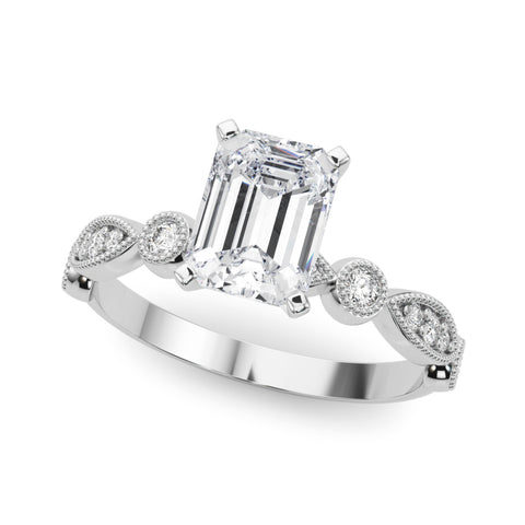 White gold Emerald Milgrain Bezel Diamond Engagement Ring with Solitaire Prong Setting
