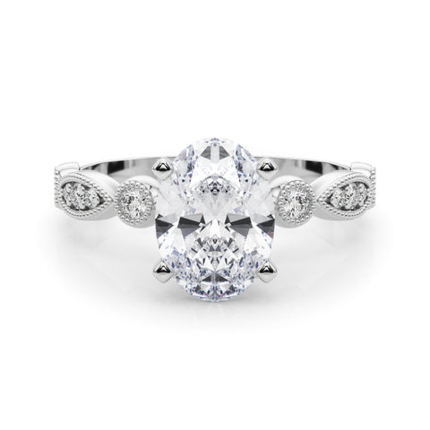 White gold Oval Milgrain Bezel Diamond Engagement Ring with Solitaire Prong Setting