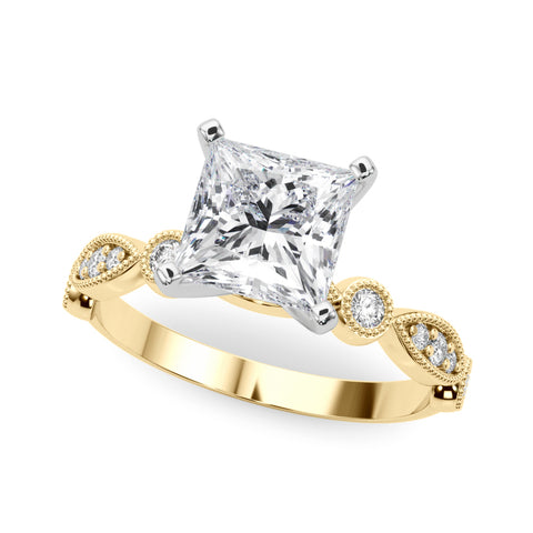 Yellow gold Princess Milgrain Bezel Diamond Engagement Ring with Solitaire Prong Setting