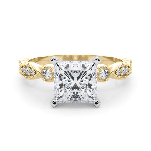 Yellow gold Princess Milgrain Bezel Diamond Engagement Ring with Solitaire Prong Setting