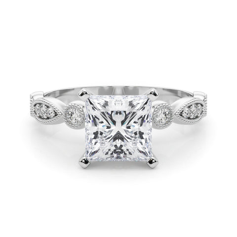 White gold Princess Milgrain Bezel Diamond Engagement Ring with Solitaire Prong Setting