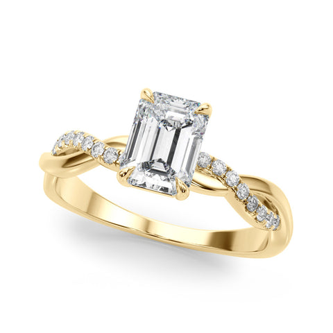 Yellow gold Emerald Cut Diamond Twist Band Solitaire with Prong Setting