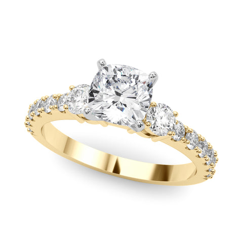 Yellow gold Cushion Cut Three-Stone Diamond Pavé Band with Prong Setting