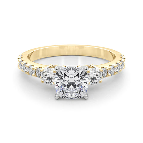 Yellow gold Cushion Cut Three-Stone Diamond Pavé Band with Prong Setting