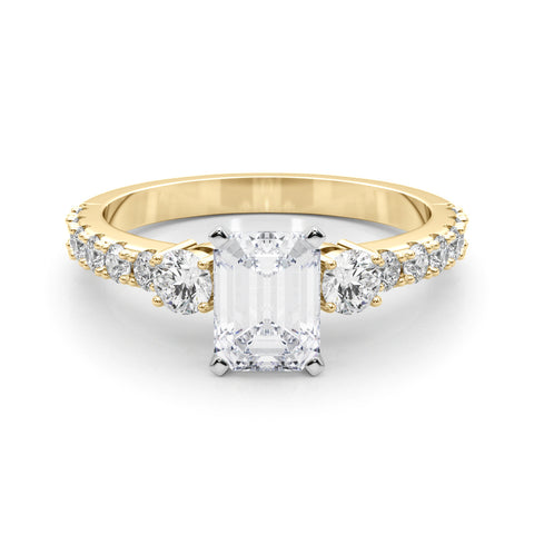 Yellow gold Emerald Cut Three-Stone Diamond Pavé Band with Prong Setting