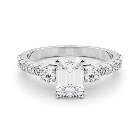 White gold Emerald Cut Three-Stone Diamond Pavé Band with Prong Setting