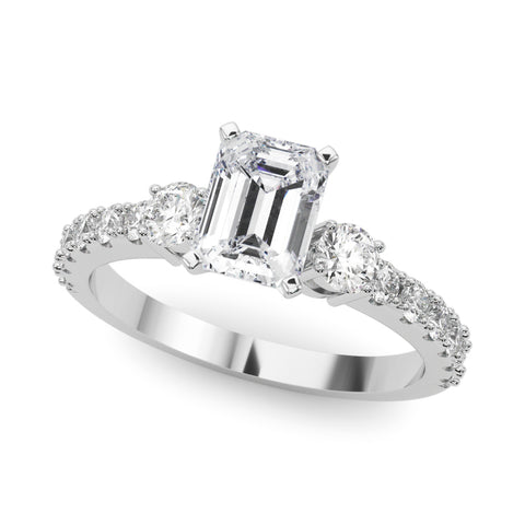 White gold Emerald Cut Three-Stone Diamond Pavé Band with Prong Setting