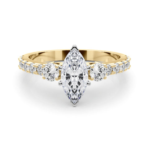 Yellow gold Marquise Cut Three-Stone Diamond Pavé Band with Prong Setting