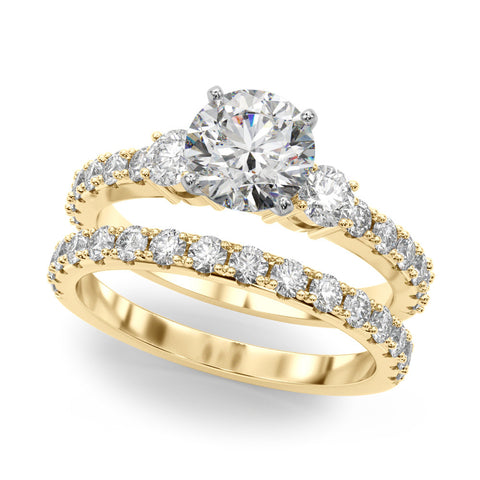 Yellow gold Round Cut Three-Stone Diamond Pavé Band with Prong Setting