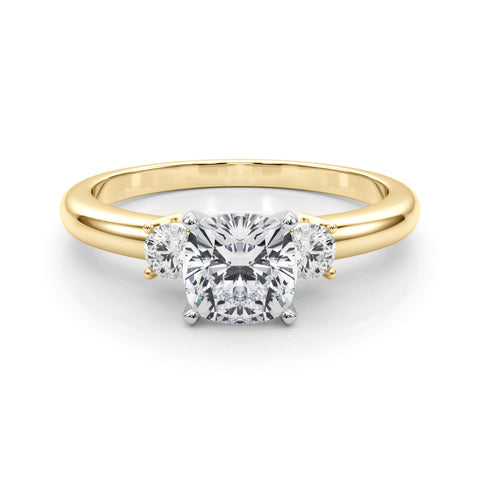 Yellow gold Three-Stone Cushion Cut Diamond Solitaire with Prong Setting and Classic Band