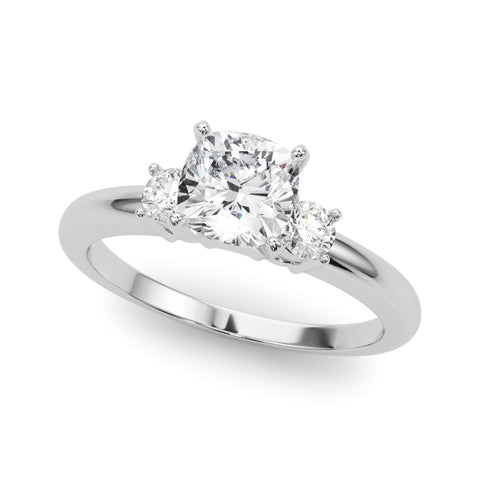 White gold Three-Stone Cushion Cut Diamond Solitaire with Prong Setting and Classic Band