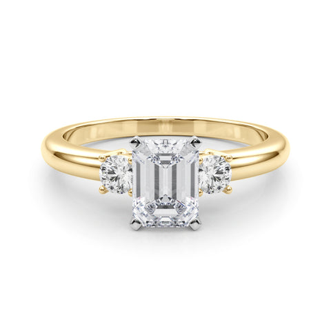 Yellow gold Three-Stone Emerald Cut Diamond Solitaire with Prong Setting and Classic Band