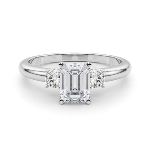 White gold Three-Stone Emerald Cut Diamond Solitaire with Prong Setting and Classic Band