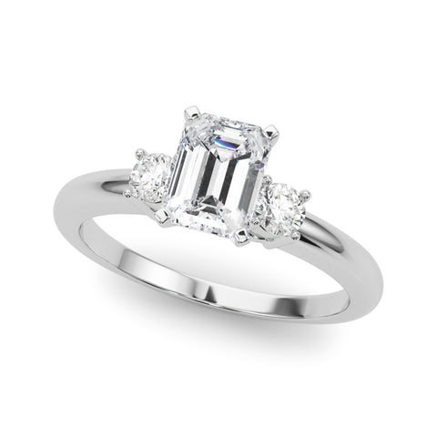 White gold Three-Stone Emerald Cut Diamond Solitaire with Prong Setting and Classic Band