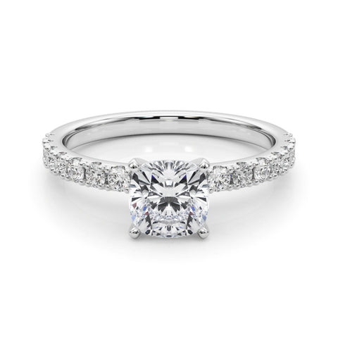 White gold Cushion Solitaire Pavé Band with Four-Prong Setting