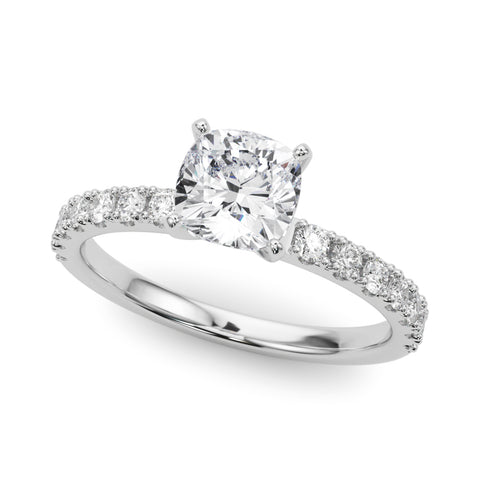 White gold Cushion Solitaire Pavé Band with Four-Prong Setting