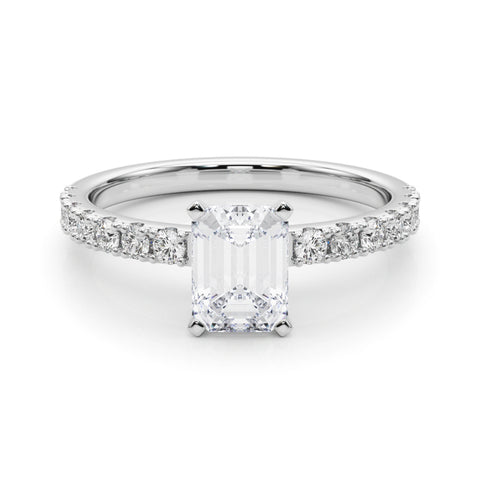 White gold Emerald Solitaire Pavé Band with Four-Prong Setting