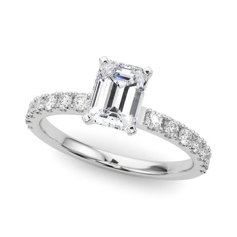 White gold Emerald Solitaire Pavé Band with Four-Prong Setting