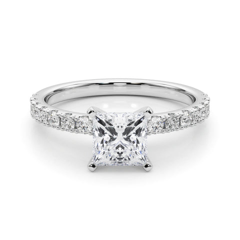 White gold Princess Solitaire Pavé Band with Four-Prong Setting