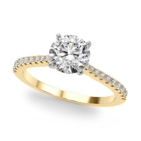 Yellow gold Round Cut Solitaire Diamond Engagement Ring with Pave Band and Four-Prong Setting