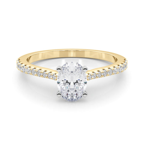 Yellow gold Oval Cut Solitaire Diamond Engagement Ring with Pave Band and Four-Prong Setting