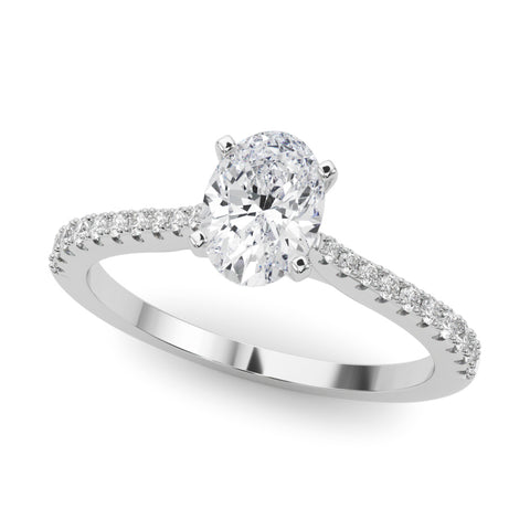 White gold Oval Cut Solitaire Diamond Engagement Ring with Pave Band and Four-Prong Setting