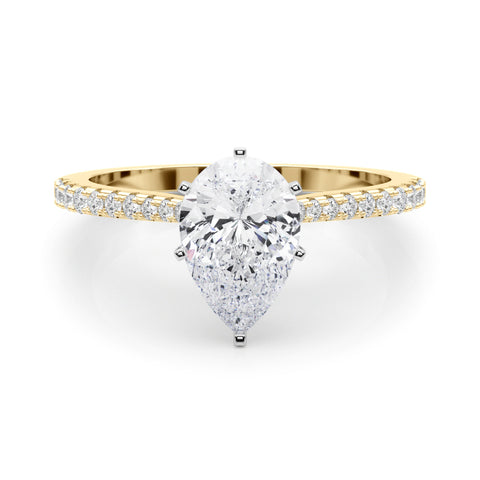 Yellow gold Pear Cut Solitaire Diamond Engagement Ring with Pave Band and Four-Prong Setting