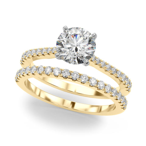 Yellow gold Round Cut Solitaire Diamond Engagement Ring with Pave Band and Four-Prong Setting