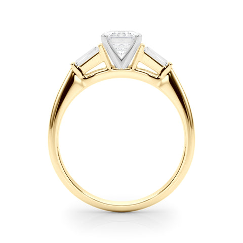 Yellow gold Emerald Solitaire with Tapered Baguette Side Stones on a Classic Band with Four-Prong Setting