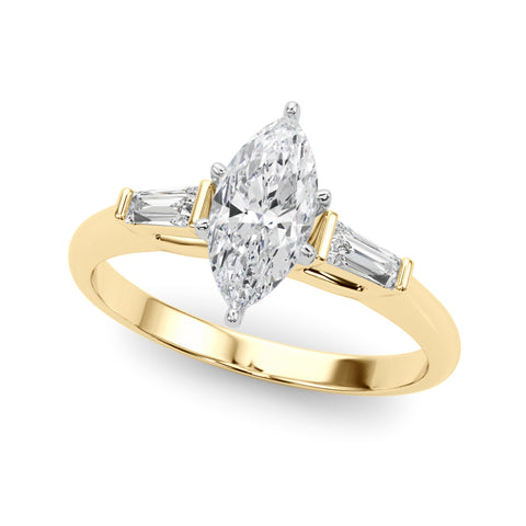 Yellow gold Marquise Solitaire with Tapered Baguette Side Stones on a Classic Band with Four-Prong Setting