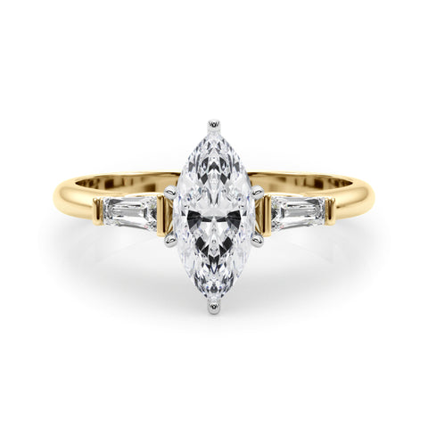 Yellow gold Marquise Solitaire with Tapered Baguette Side Stones on a Classic Band with Four-Prong Setting
