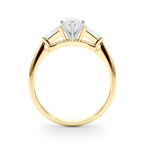 Yellow gold Marquise Solitaire with Tapered Baguette Side Stones on a Classic Band with Four-Prong Setting