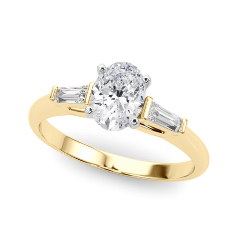 Yellow gold Oval Solitaire with Tapered Baguette Side Stones on a Classic Band with Four-Prong Setting