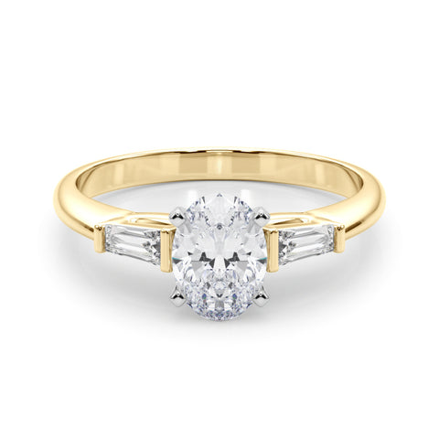 Yellow gold Oval Solitaire with Tapered Baguette Side Stones on a Classic Band with Four-Prong Setting