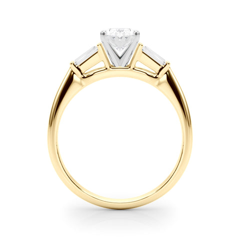 Yellow gold Oval Solitaire with Tapered Baguette Side Stones on a Classic Band with Four-Prong Setting