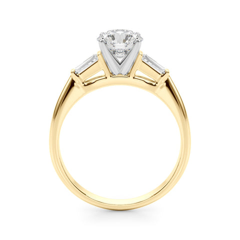 Yellow gold Round Solitaire with Tapered Baguette Side Stones on a Classic Band with Four-Prong Setting