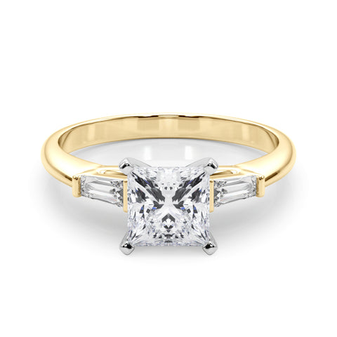 Yellow gold Princess Solitaire with Tapered Baguette Side Stones on a Classic Band with Four-Prong Setting