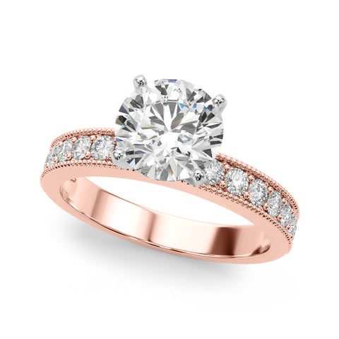 Rose gold Round Milgrain Pave Diamond Engagement Ring with Four-Prong Setting