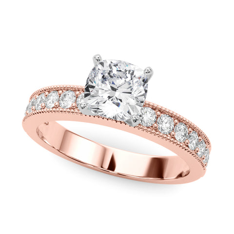 Rose gold Cushion Milgrain Pave Diamond Engagement Ring with Four-Prong Setting