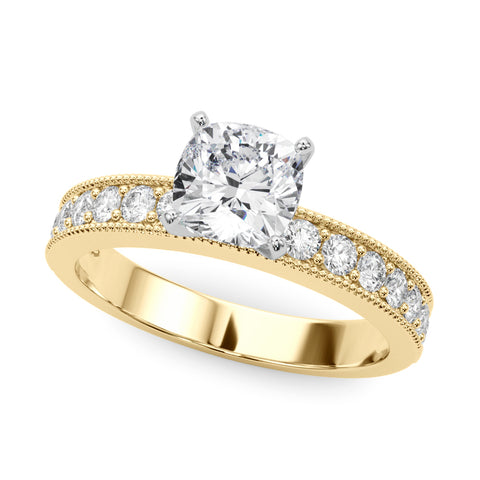 Yellow gold Cushion Milgrain Pave Diamond Engagement Ring with Four-Prong Setting