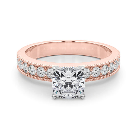 Rose gold Cushion Milgrain Pave Diamond Engagement Ring with Four-Prong Setting