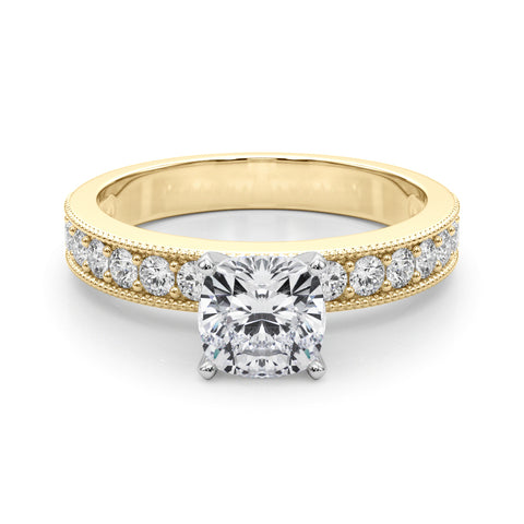 Yellow gold Cushion Milgrain Pave Diamond Engagement Ring with Four-Prong Setting