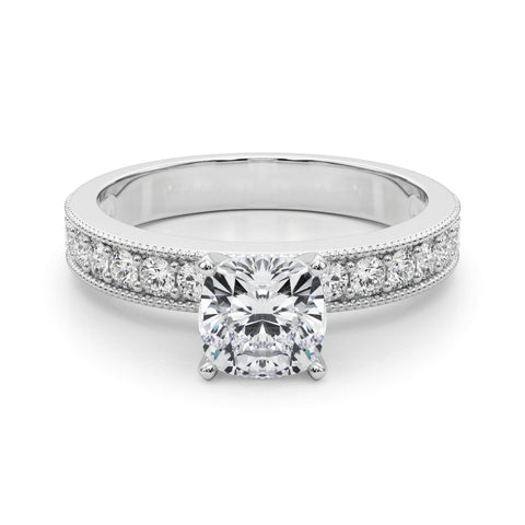 White gold Cushion Milgrain Pave Diamond Engagement Ring with Four-Prong Setting