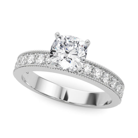 White gold Cushion Milgrain Pave Diamond Engagement Ring with Four-Prong Setting