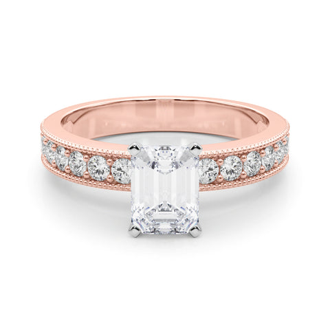 Rose gold Emerald Milgrain Pave Diamond Engagement Ring with Four-Prong Setting