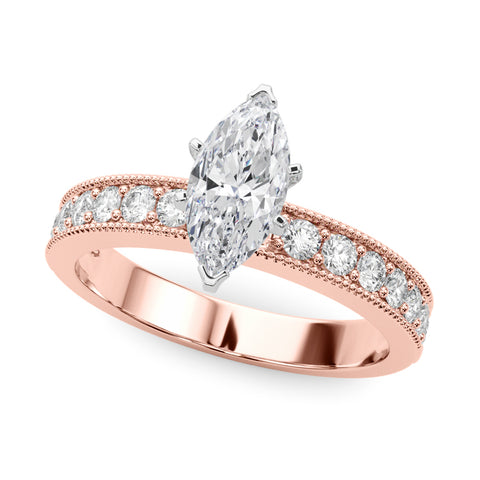 Rose gold Marquise Milgrain Pave Diamond Engagement Ring with Four-Prong Setting